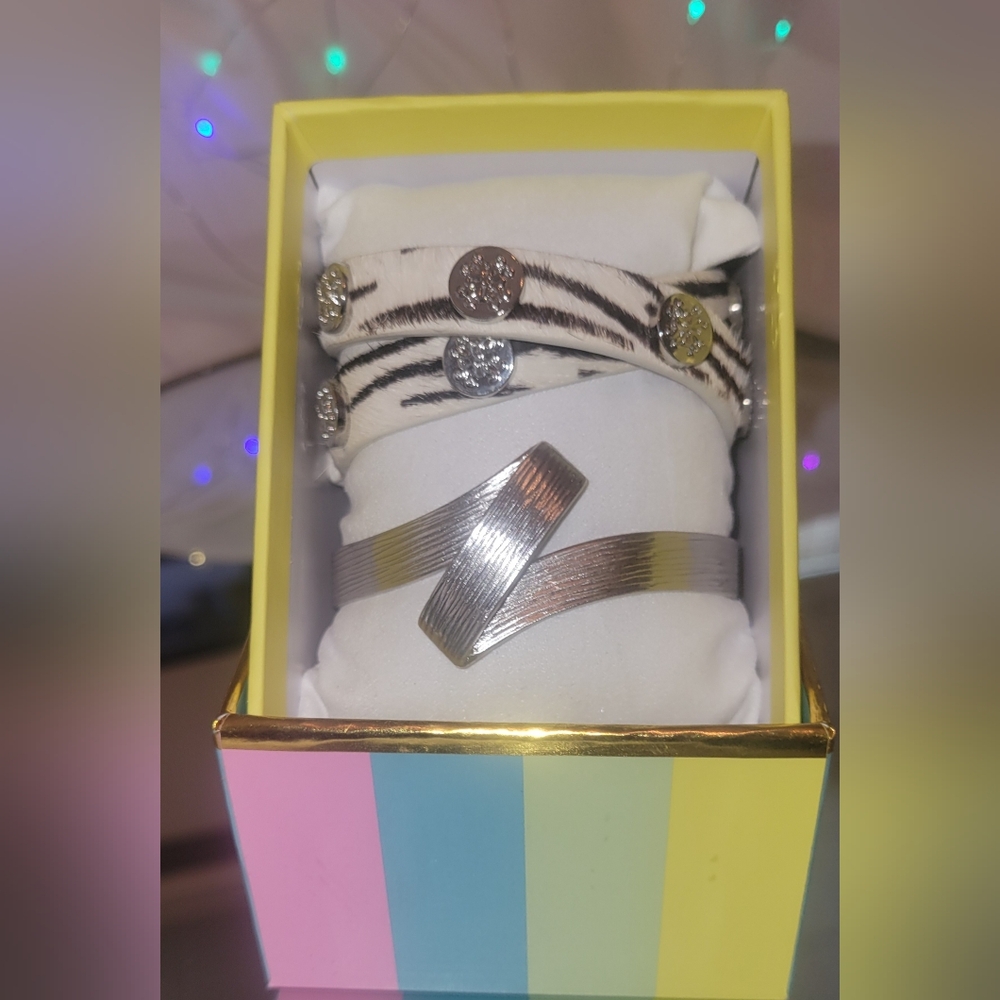 Rustic Cuff Set of 2 Bracelets, One Silver Cuff, One Zebra Snap